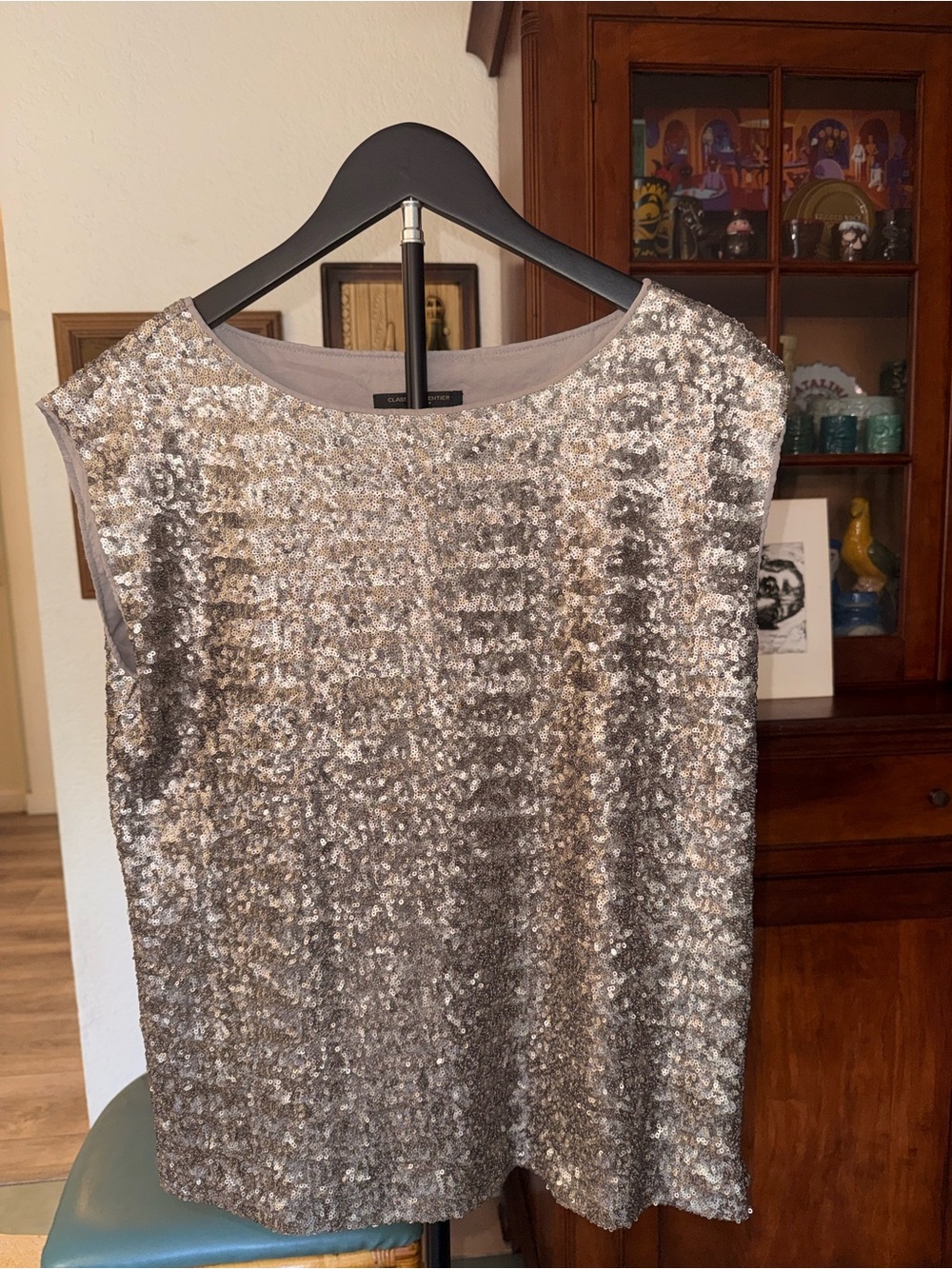 Classiques Entier Sequin Top‎ Silk Blend Champagne Silver Cap Sleeve Size Small